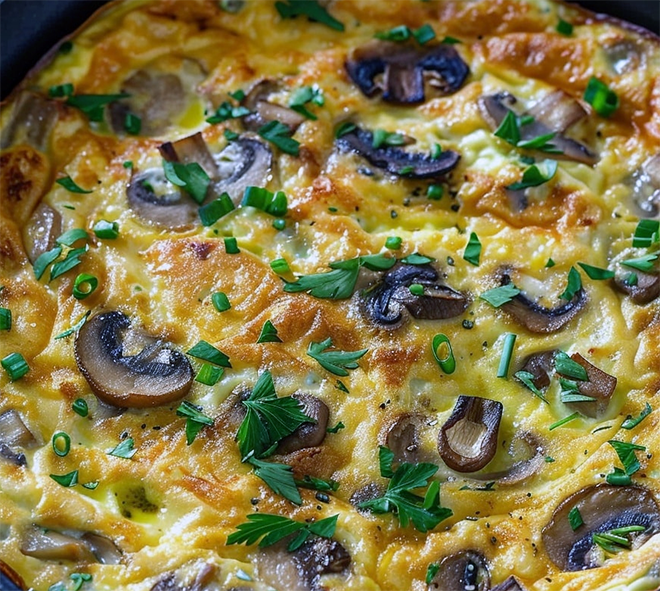 frittata of sliced field mushrooms in a cast iron skillet