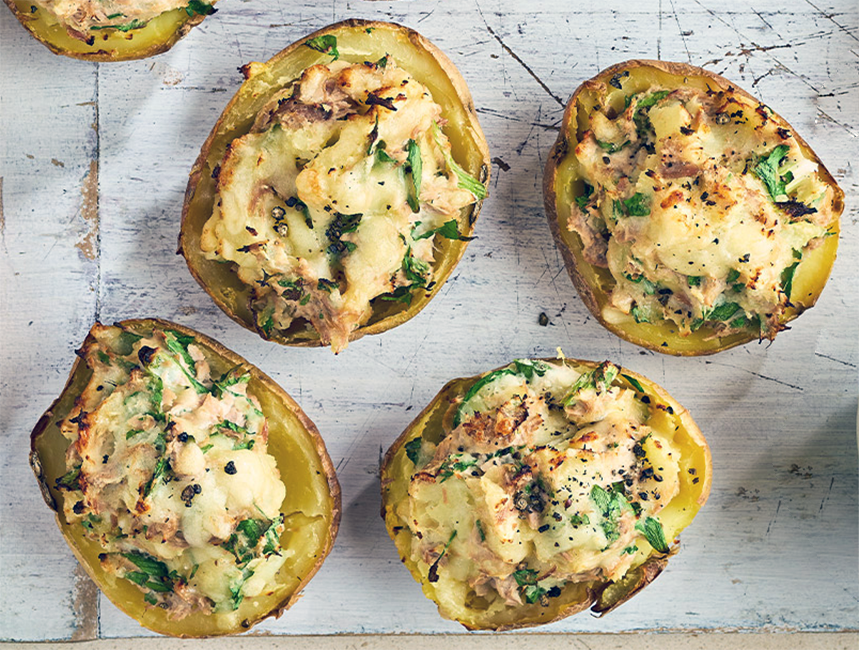 fishie tatties, potato skins stuffed with mash and fish topped with melted cheese