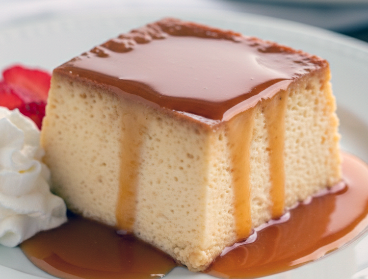 Square of flan de leche topped with caramel and served with cream and strawberries