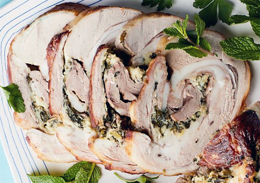 sliced stuffed and rolled breast of veal served with mint