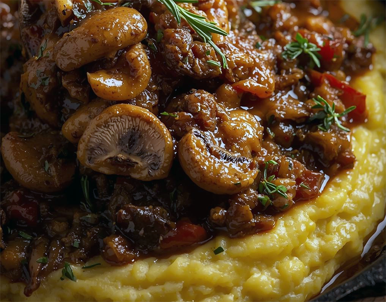 ragout of cockscombs and button mushrooms on a bed of polenta