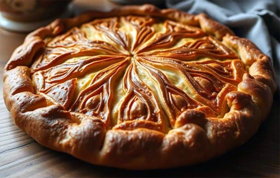 Dakar-style galette with a decorated top and mango filling on a plate