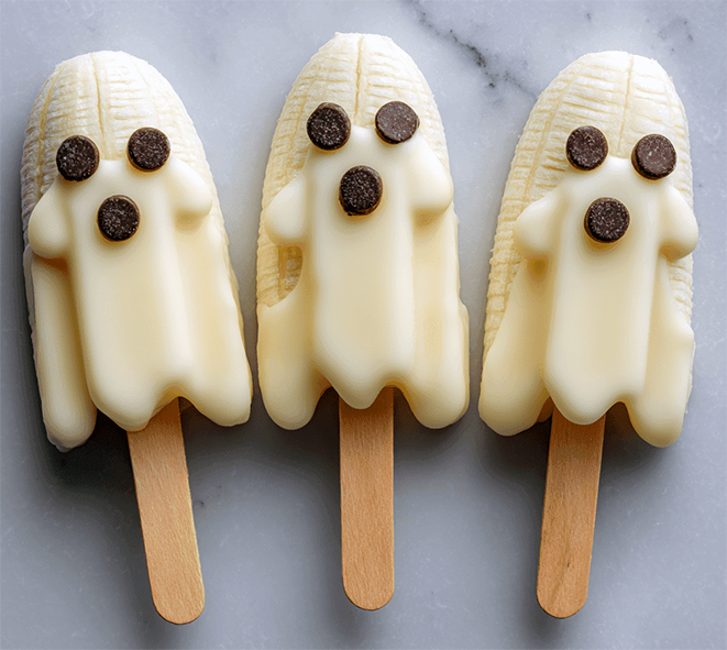 three frozen banana ghost pops on a marble slab
