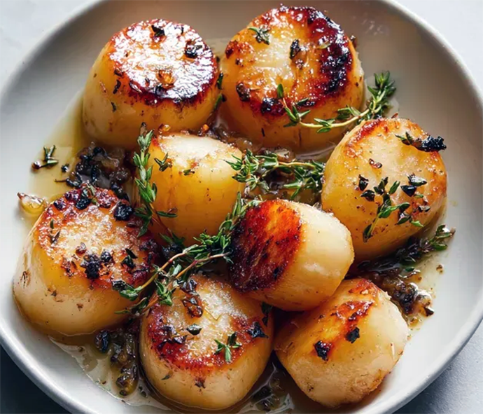 glazed baby turnips garnished with thyme on a small plate