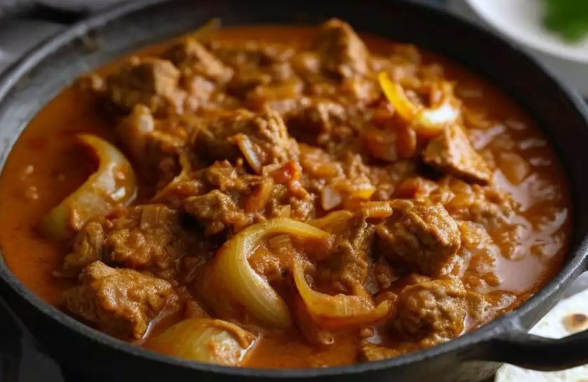 Goat meat dopiaza in a steel balti dish