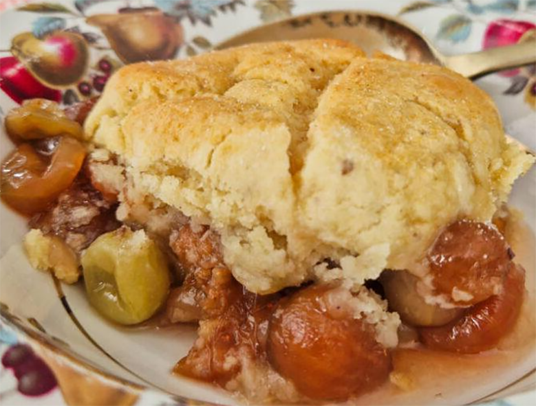 portion of gooseberry cobbler in a dessert bowl
