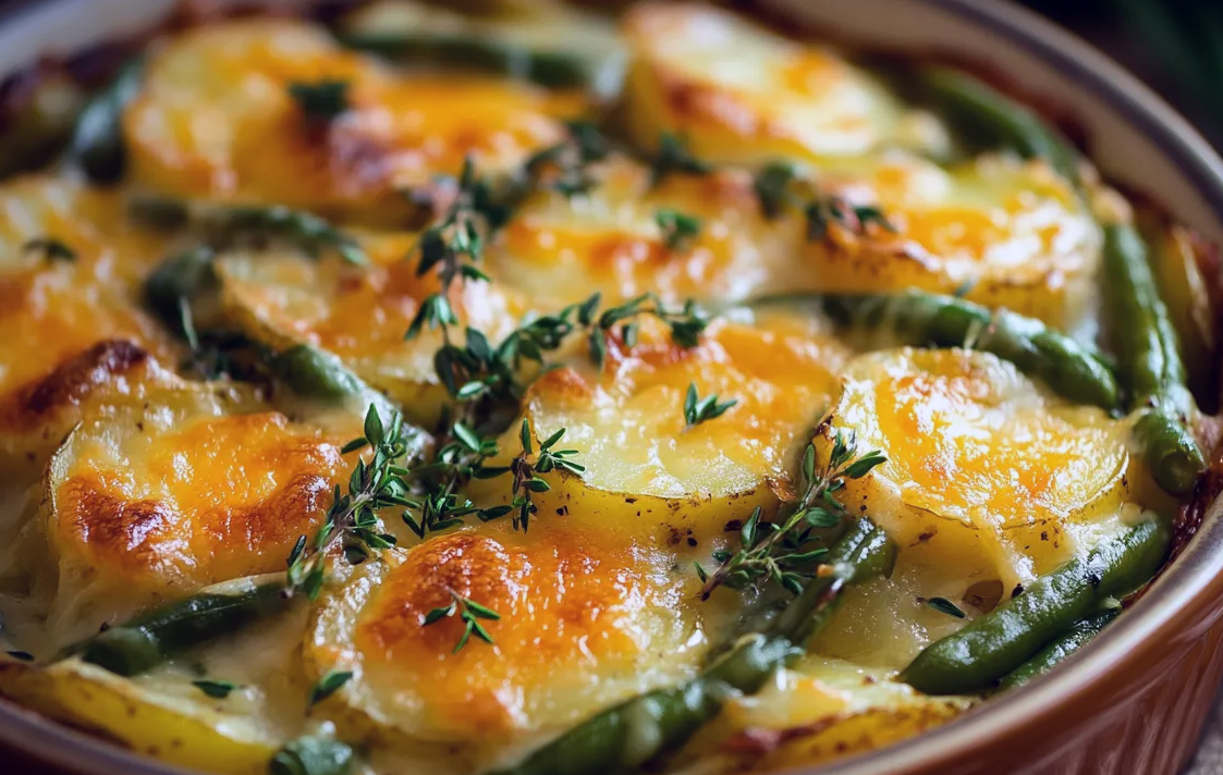 cheese-topped green bean and potato casserole served garnished with thyme