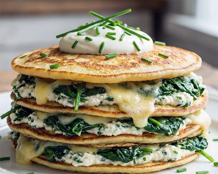 pancakes layered with a filling of mixed greens and cheese served topped with sour cream and chives