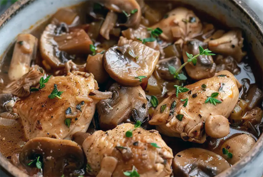 grouse and mushroom stew in a sherry stock base