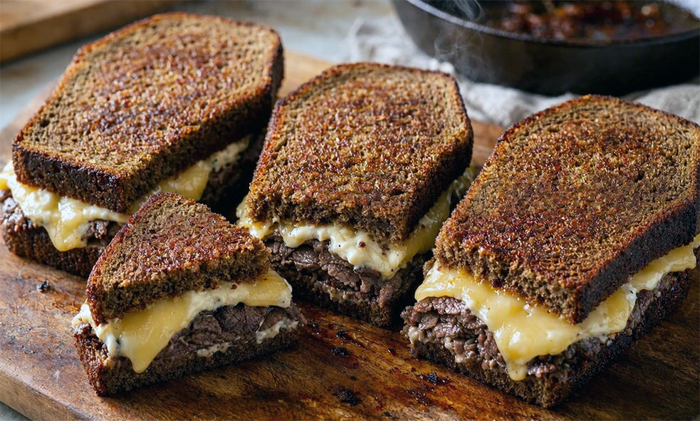 rye bread sandwiches trimmed into coffin shapes which are fried to melts the cheese