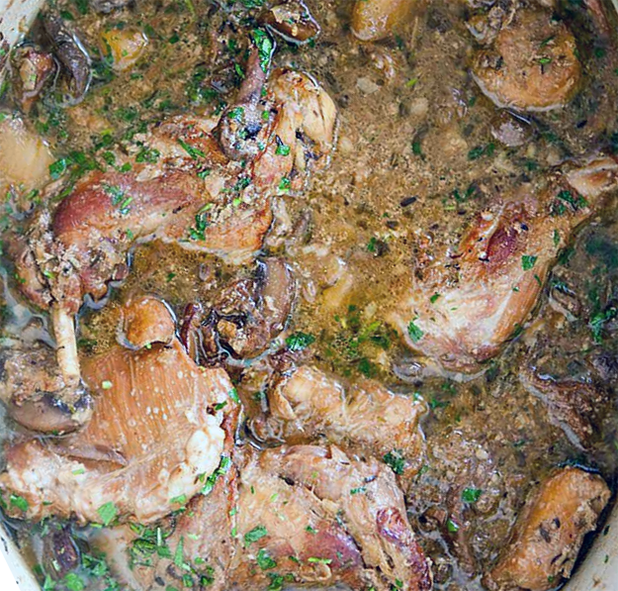 hare and mushroom stew in a sherry base