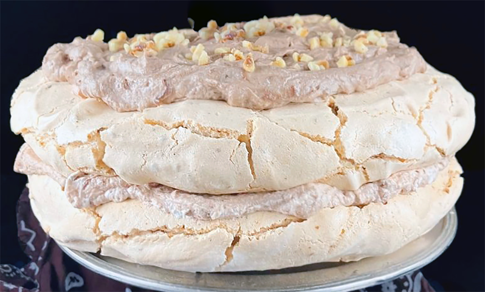 hazelnut meringue with cream filling and hazelnut cream topping
