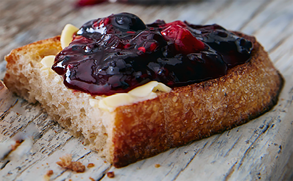 toasted cob loaf topped with cheese and hedgerow jam