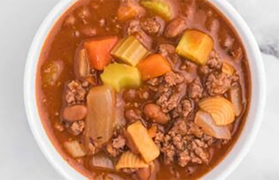 beef hodge-podge soup in a soup bowl