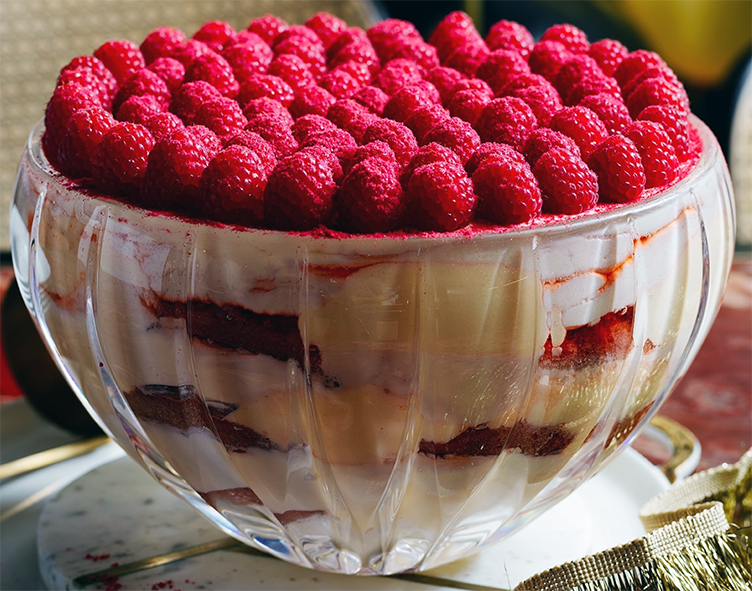 layered hogmanay drambuie trifle garnished with raspberries