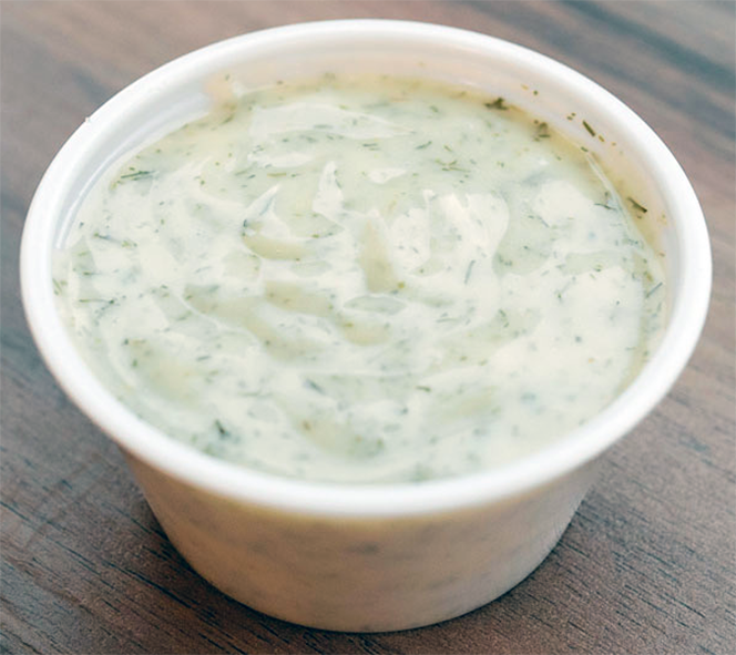 home-made donair sauce in a white ramekin