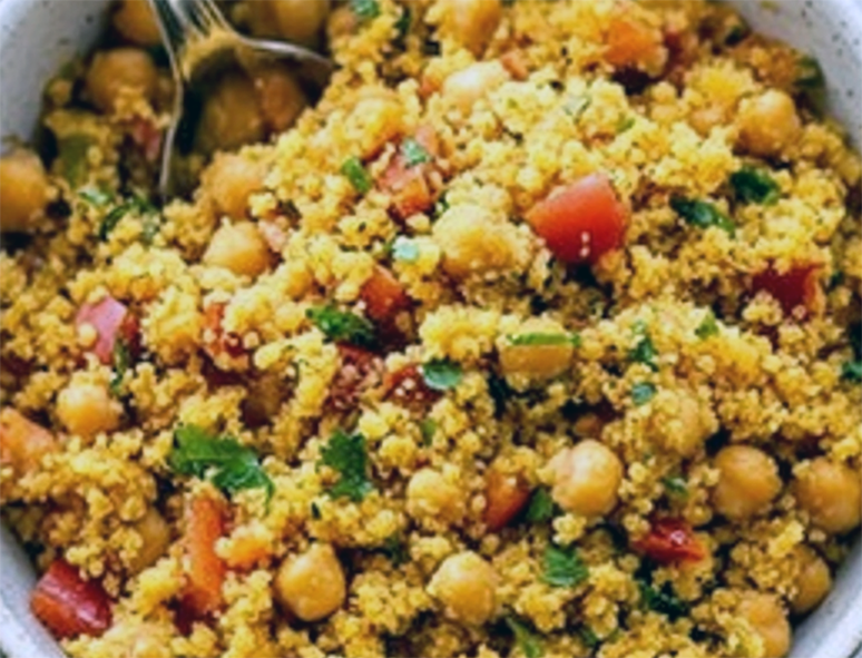 honey-spiced couscous with chickpeas in a bowl