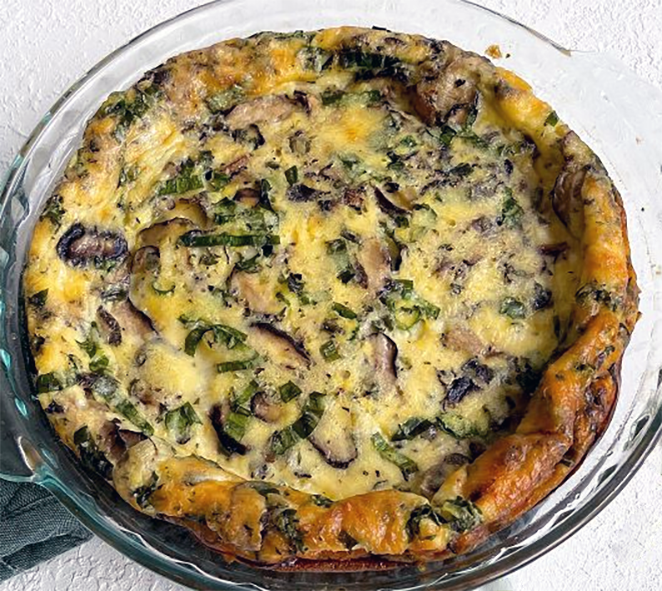 horse mushroom frittata served in a glass dish