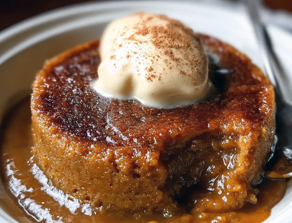 Indian pudding turned out into a bowl served garnished with a cream quenelle