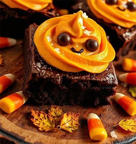 brownie decorated with a jack-o-lantern surrounded by candy corn