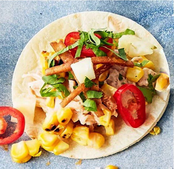 flour tortilla topped with jackfruit in gochujamg mayonnaise with pineapple, coriander and sliced chilli