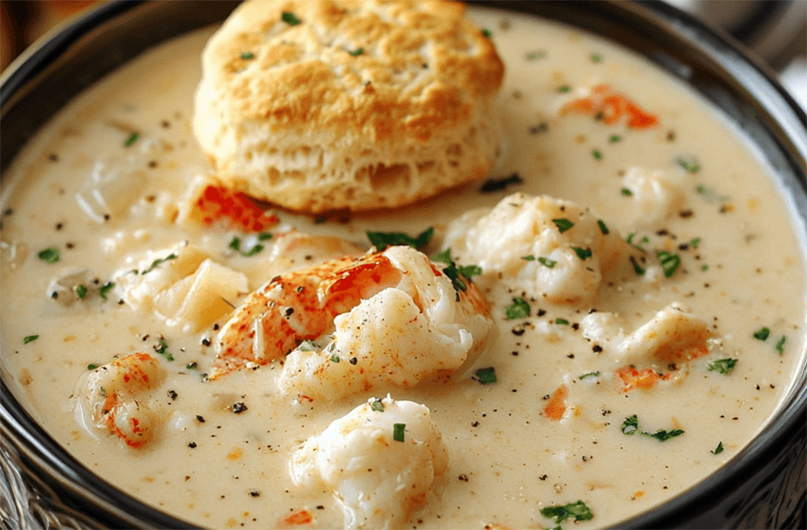 lobster soup with lobster forcemeat balls topped with a scone dumpling