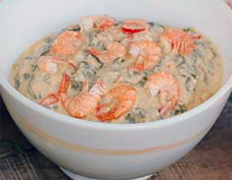 prawns in a pumpkin leaf, peanut and coconut milk sauce
