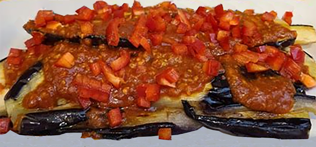 aubergine salad topped with tomato sauce and chopped red bell peppers
