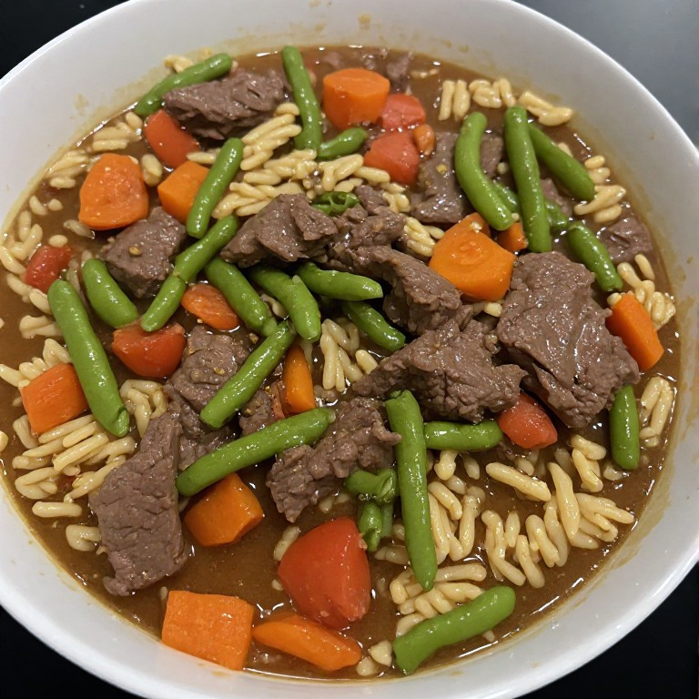 stew of beef, carrots and green beans in a tomato base with orzo pasta served in a bowl