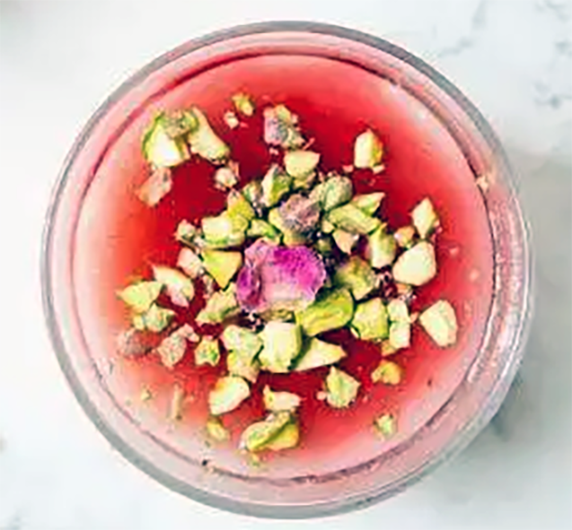 Malabi milk pudding with rose water served in a glass