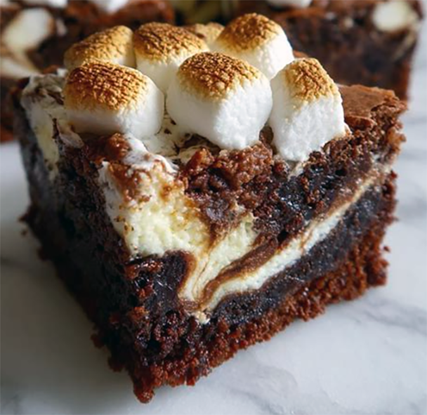 square of marshmallow and chilli chocolate brownie on a marble work surface