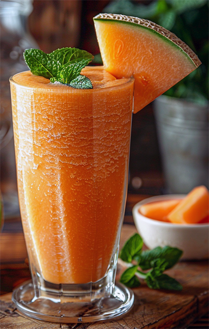 mixed melon and mint smoothie in a tall glass garnished with a melon wedge and a sprig of mint