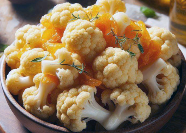 moungra, Cypriot pickled cucumber in an earthenware bowl with carrot strips and thyme
