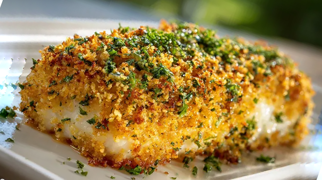 baked stuffed and breaded haddock on a plate