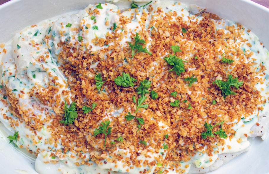 cod in bechamel sauce topped with breadcrumbs
