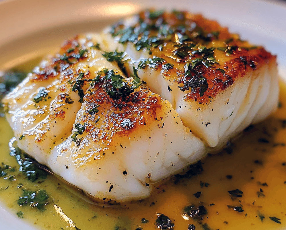 seared cod with herbed butter on a plate