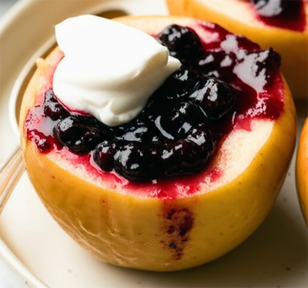 baked apple fillet with blackberry jam before the addition of gummy worms