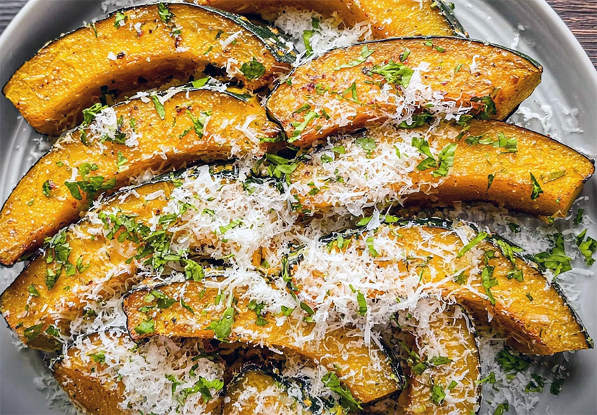 fried pumpkin pieces topped with freshly-grated parmesan cheese