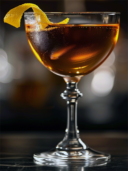 angelica ratafia in a glass with a twist of lemon zest