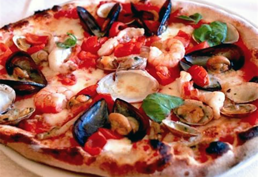 pizza topped with seafood