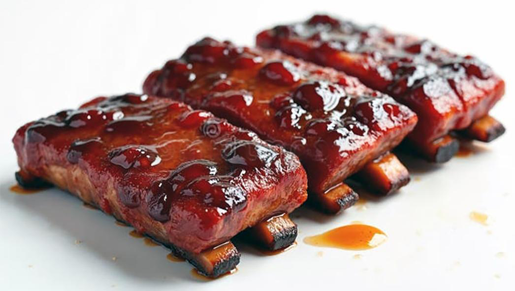 barbecued pork ribs in plum sauce against a white background