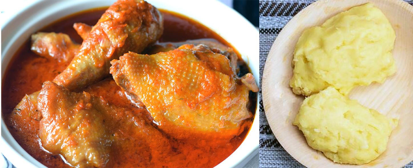 togolese stew of chicken with tomatoes, dinger and dried prawns served in a bowl next to two balls of maize flour porridge on a plate
