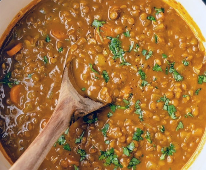 pumpkin and brown lentil soup in a casserole dish