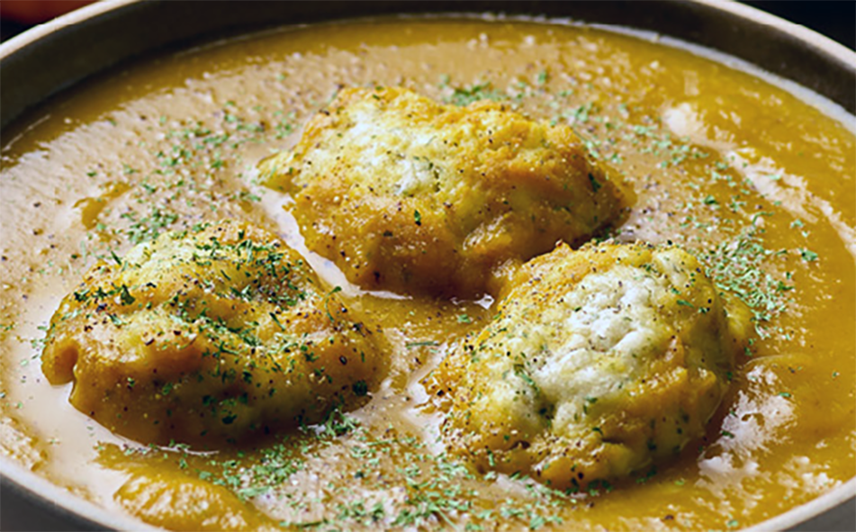 pumpkin soup topped with pumpkin dumplings