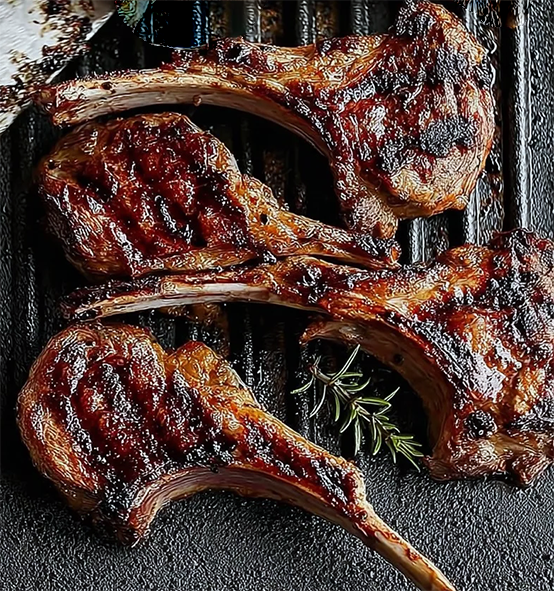 barbecued raspberry vinegar marinated lamb chops on a griddle