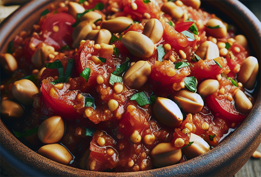 peanut, tomato and onion rougail served in a bowl garnished with toasted peanuts