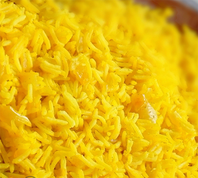 Seychelles saffron rice in a shallow dish
