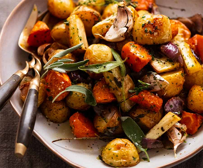 mixed roast vegetables served on a plate