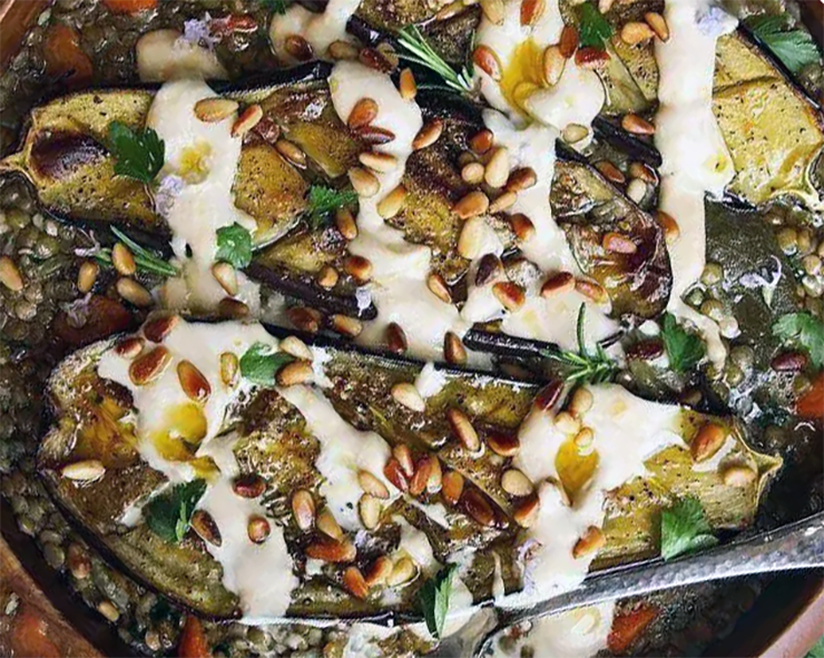 roasted aubergine with techina served in a bowl