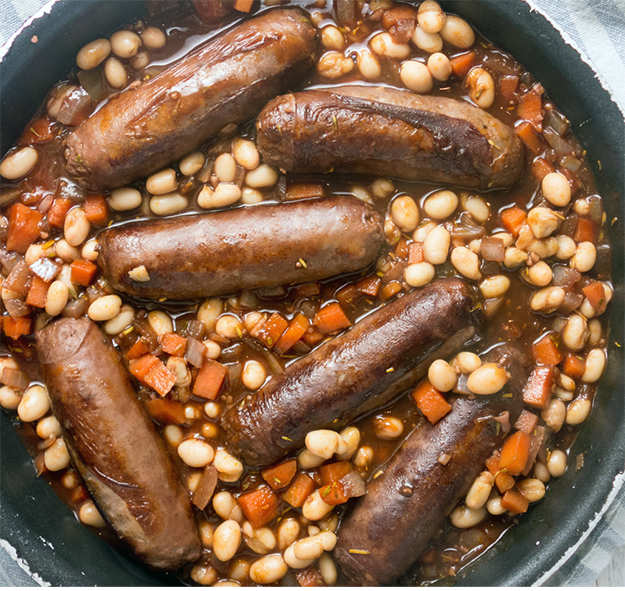 sausage, white bean and red wine casserole in a pan